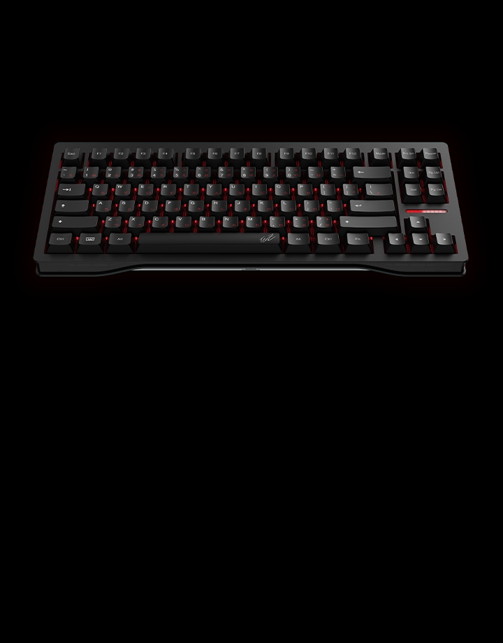 TenZ 80HE Takeover shown at an angle with red RGB lighting under the keycaps