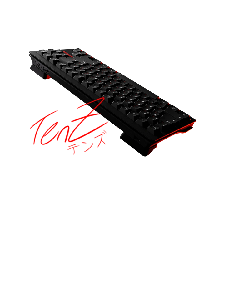 TenZ 80HE Takeover shown at an angle with red RGB lighting under the keycaps