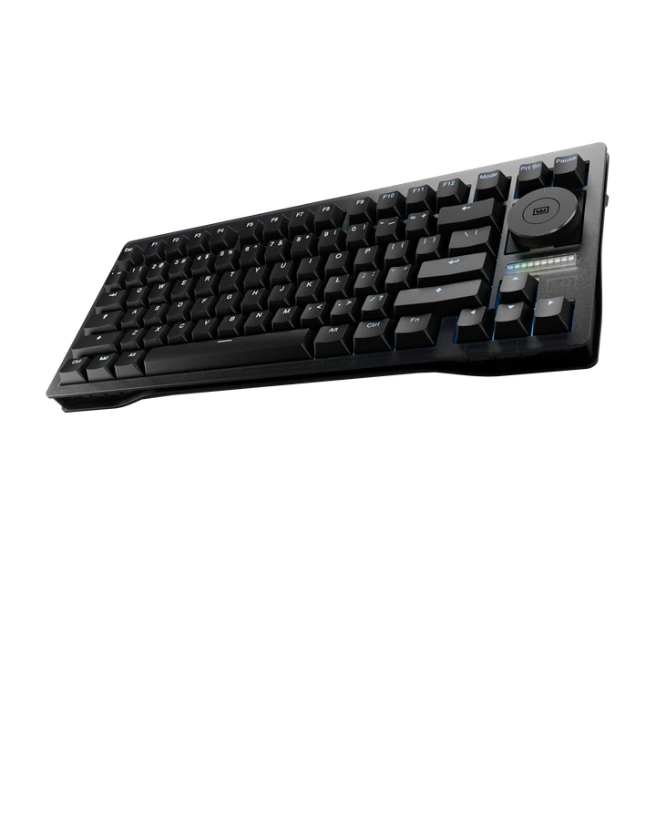 Wooting 80HE+ shown at an angle with blue backlighting through the keycap legends and a knob module in the top-right corner