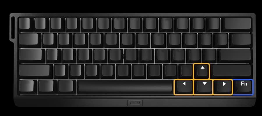 Wooting 60HE+ showing the default positions of arrow keys