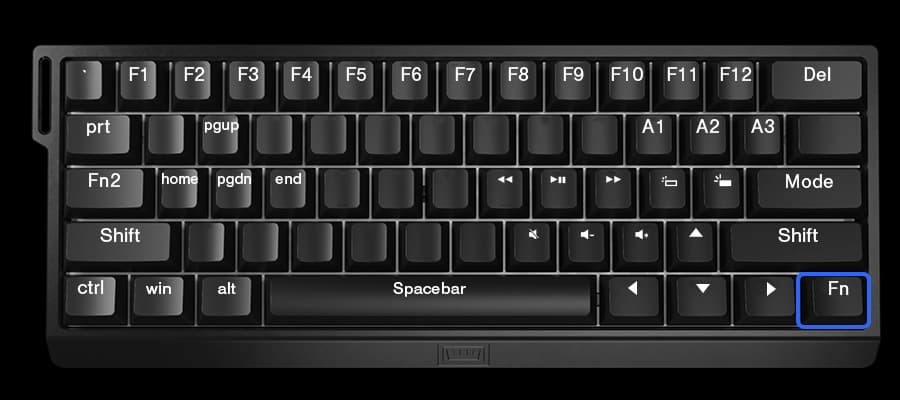 Wooting 60HE+ showing the default positions of FN keys