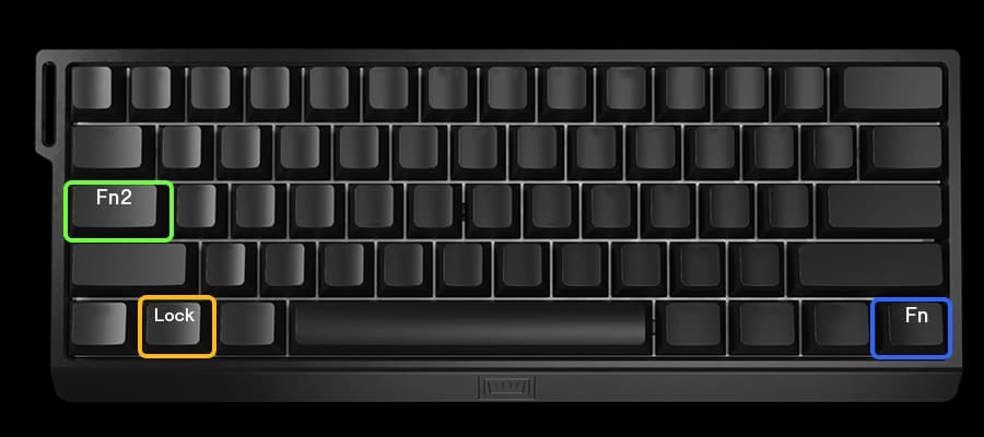 Wooting 60HE+ showing the default position of the key lock key