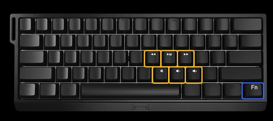 Wooting 60HE+ showing the default positions of media keys