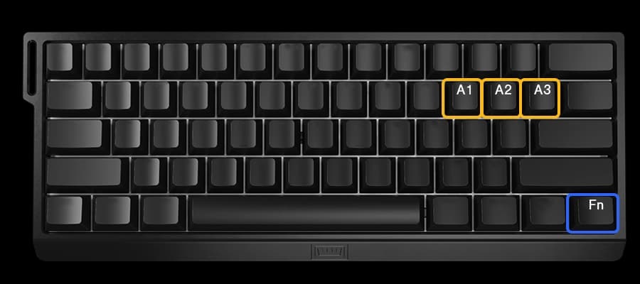 Wooting 60HE+ showing the default positions of profile-related keys