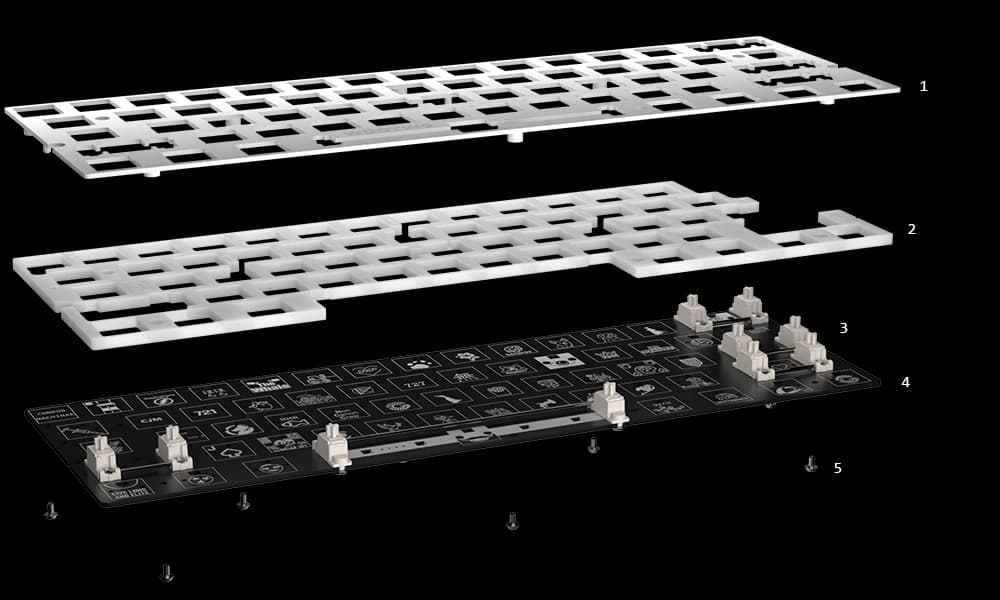 Wooting 60HE+ Module sandwich pads exploded view