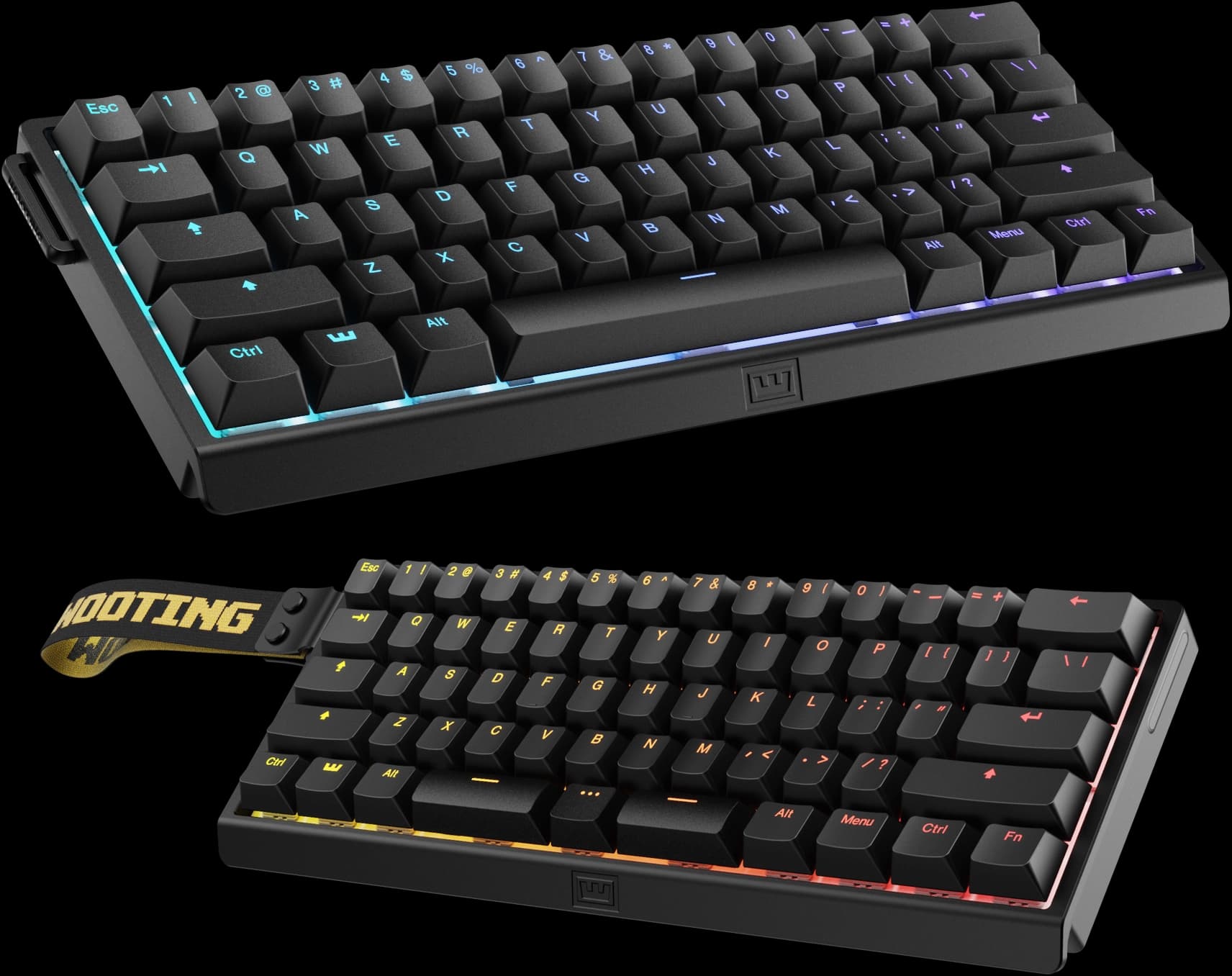 Graphic showing both the regular and split-spacebar versions of the Wooting 60HE V2