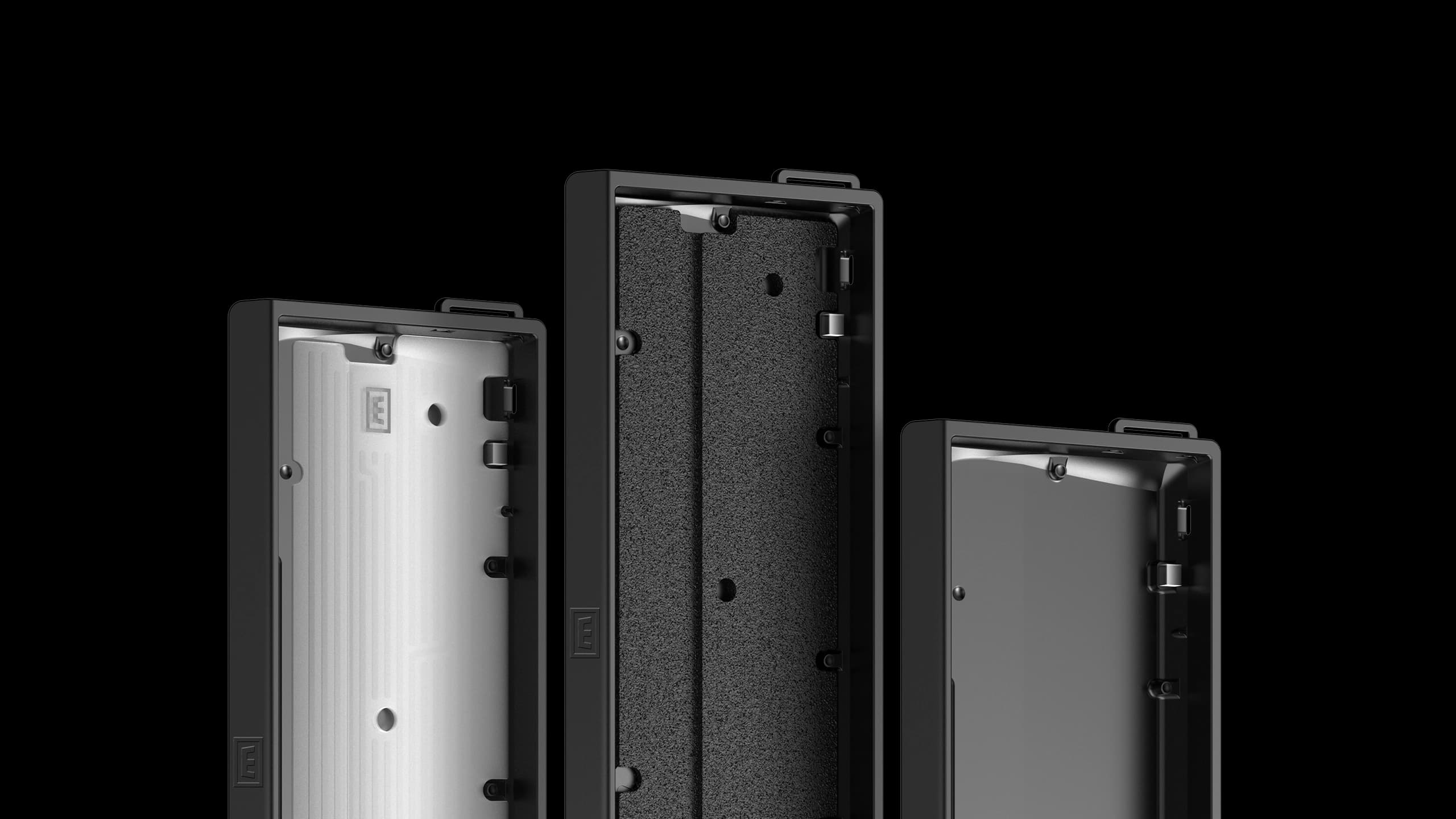 Wooting 60HE v2 Aluminium Case bottom case showing all 3 provided dampening options; silicone block, EPDM foam, and no case dampening