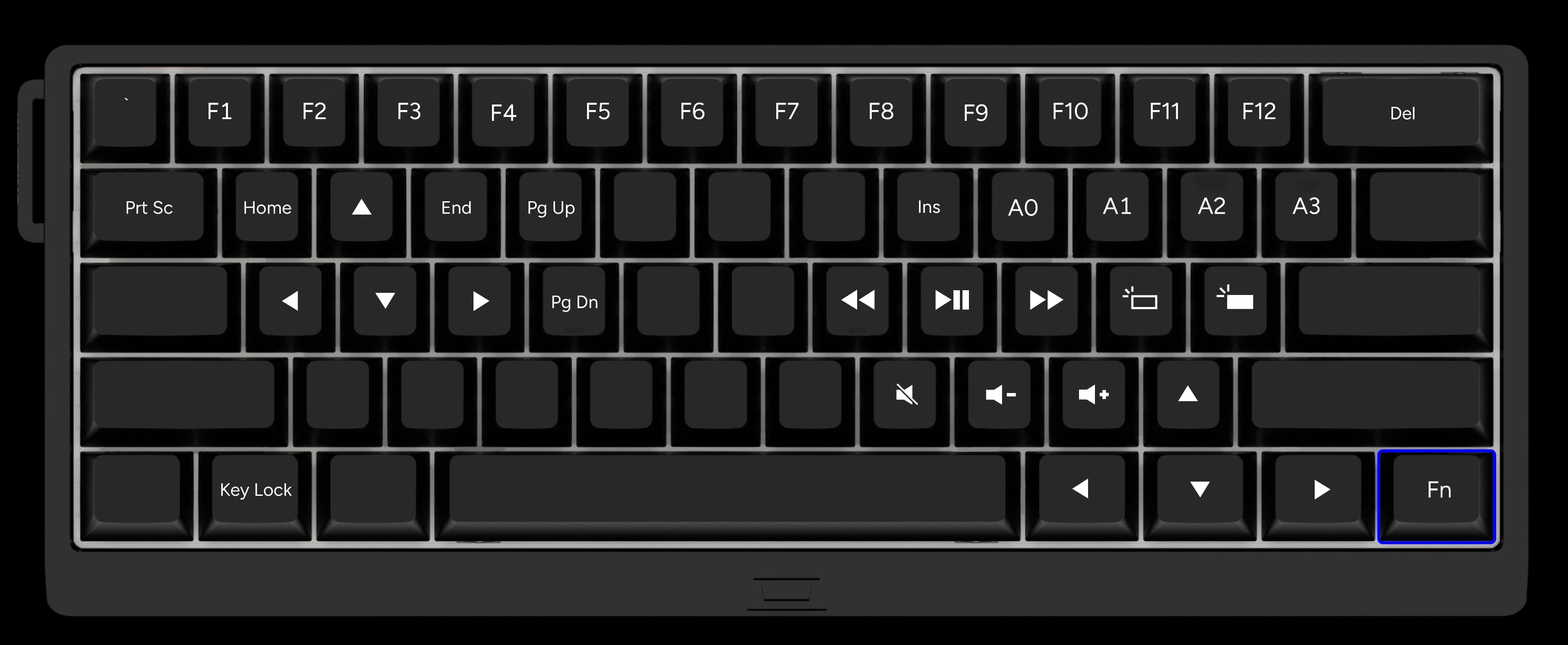 Wooting 60HE v2 showing the default positions of FN keys
