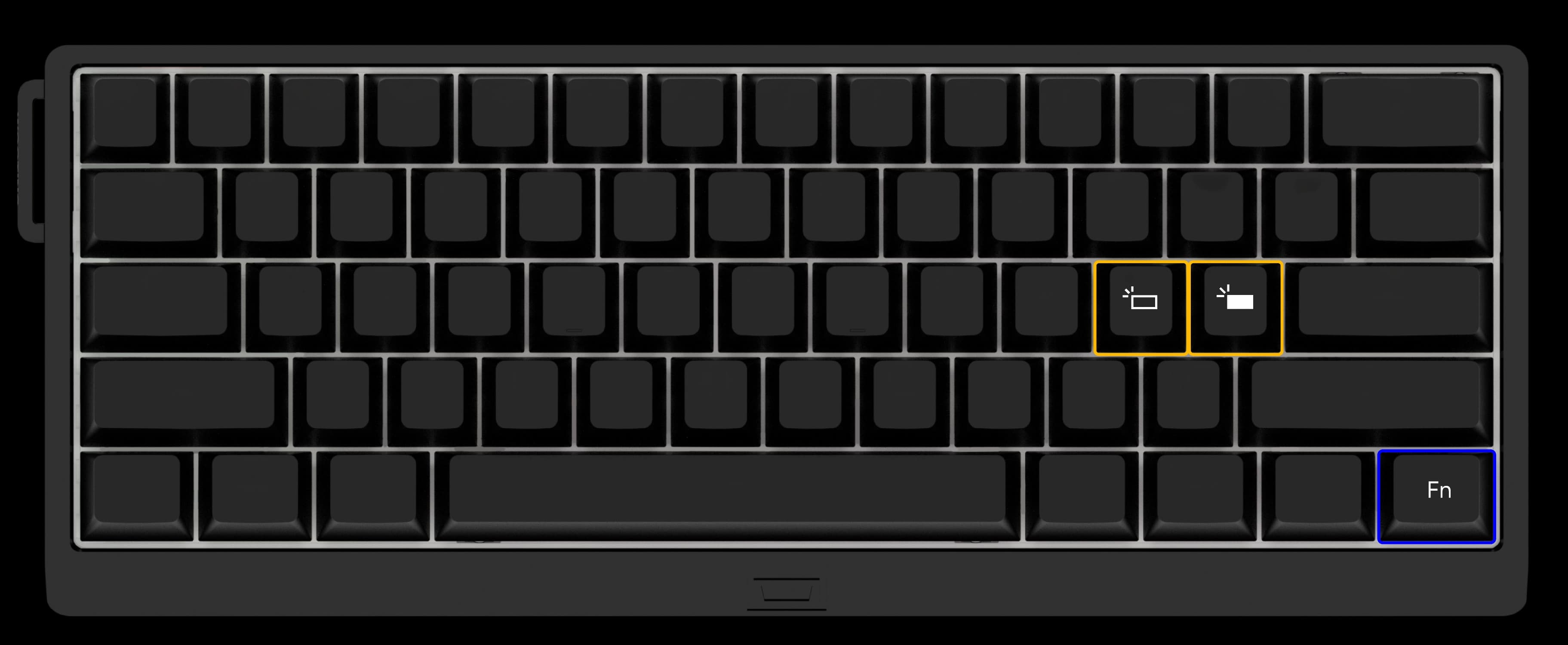 Wooting 60HE v2 showing the default positions of LED brightness keys
