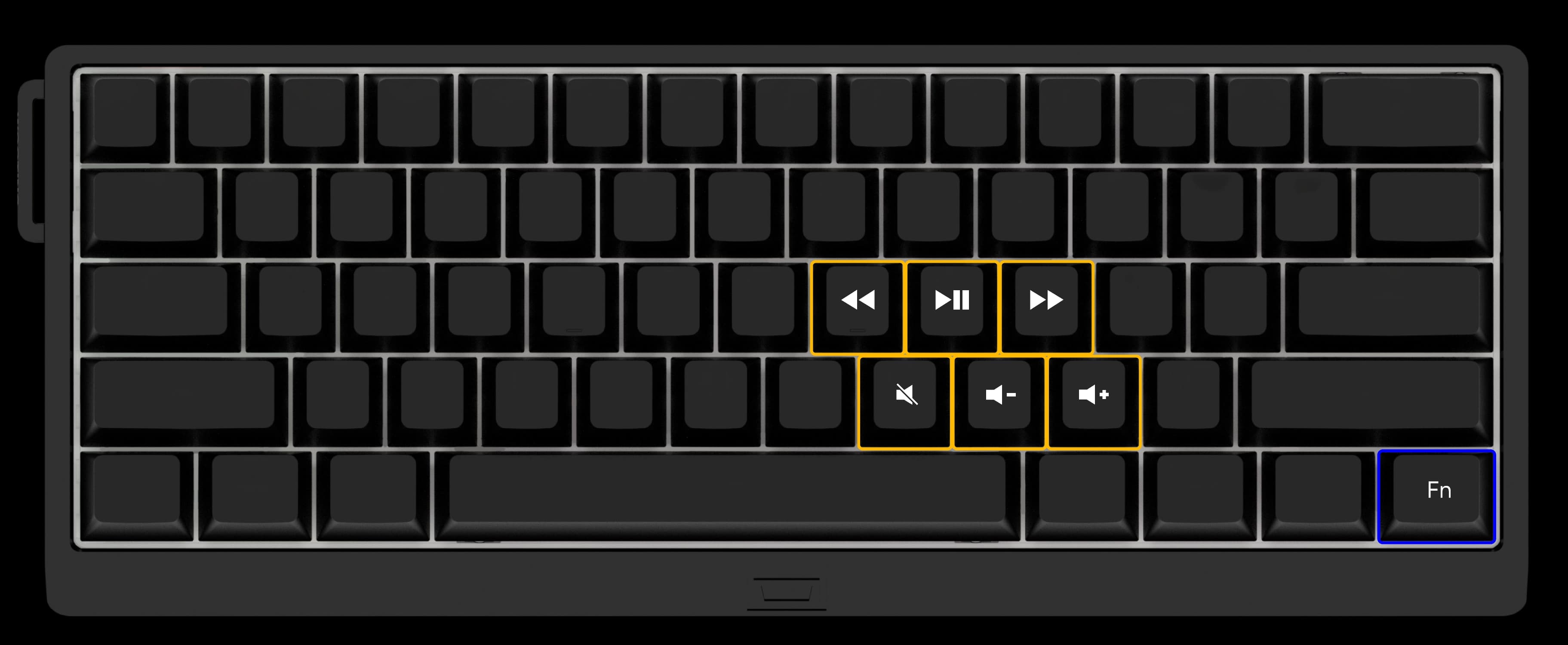 Wooting 60HE v2 showing the default positions of media keys