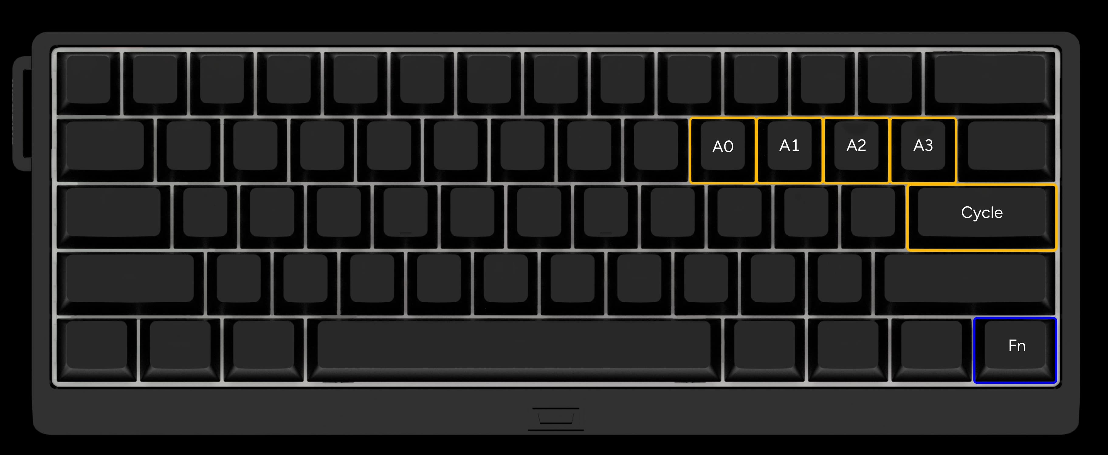 Wooting 60HE v2 showing the default positions of profile-related keys