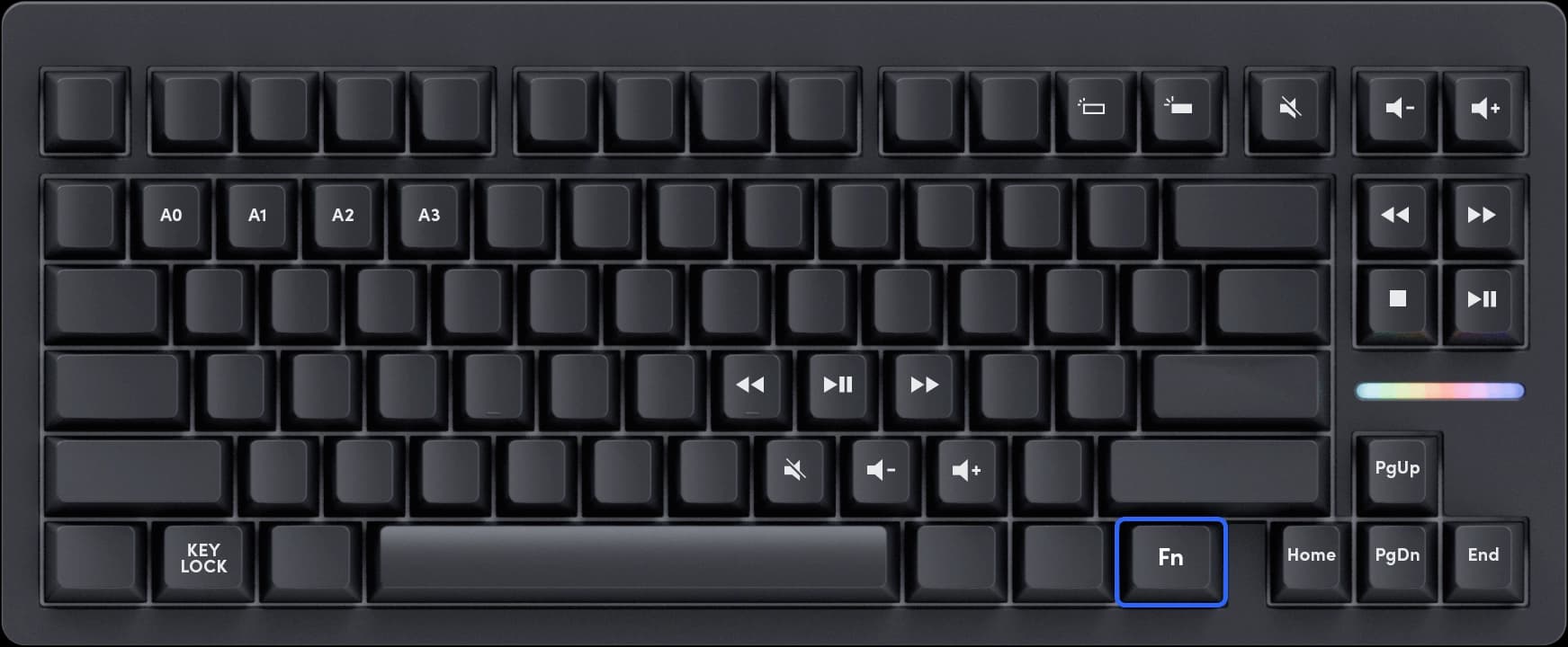 Wooting 80HE showing the default positions of FN keys