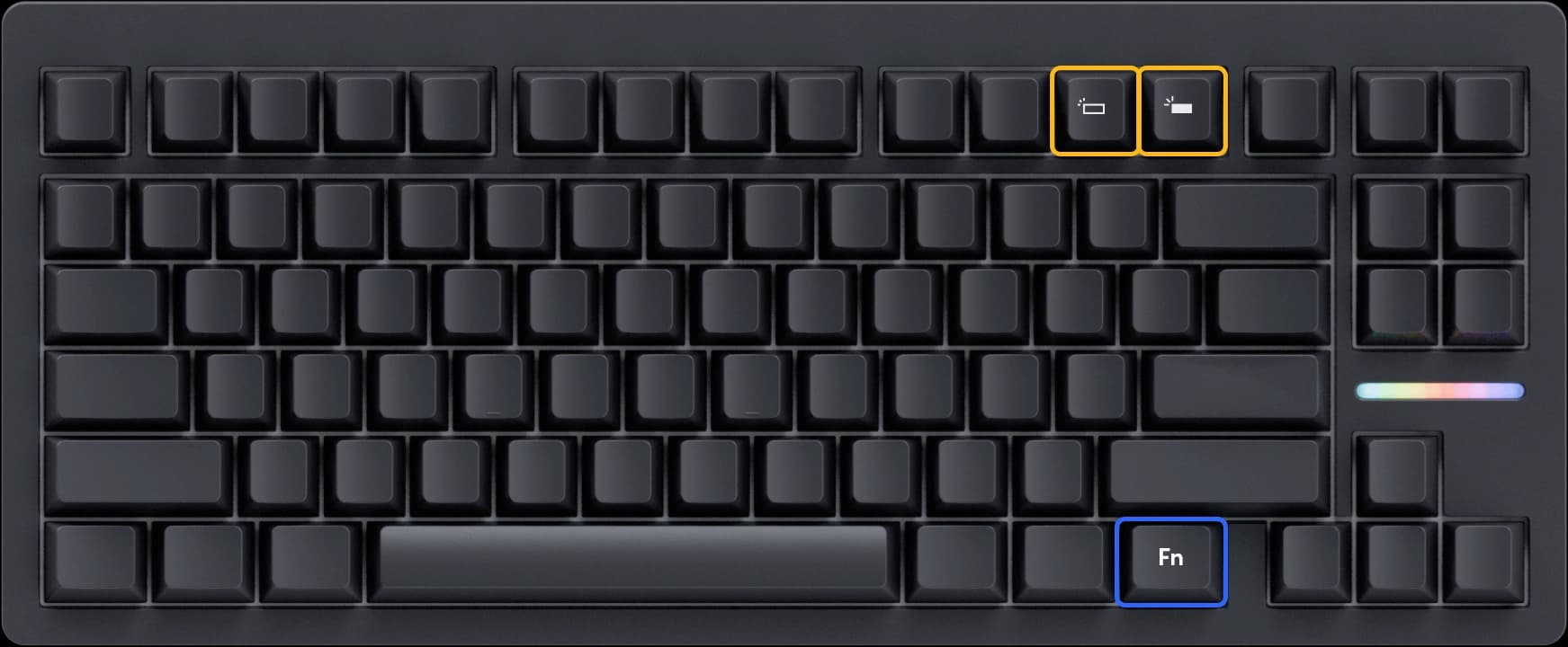 Wooting 80HE TenZ Takeover Edition showing the default positions of LED brightness keys