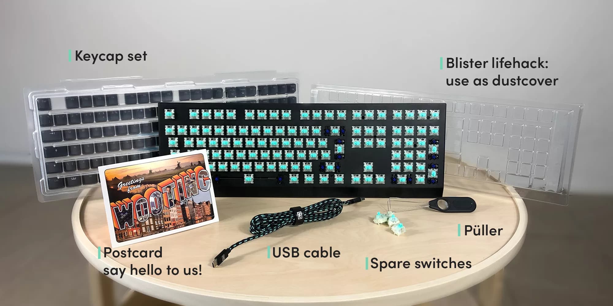 Wooting Two HE with ANSI layout showing all items in the box